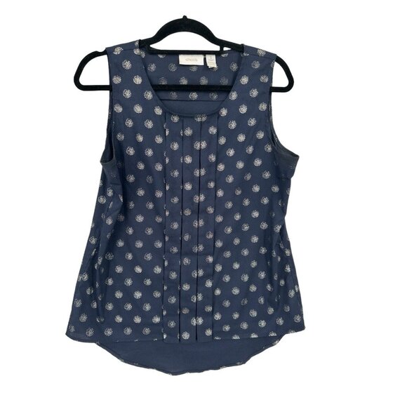 Chico's Size 1 Medium Navy Blue Polka Dot Pleated Hi-Lo Hemline Tank Top‎ - Picture 1 of 8